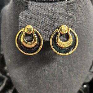 Napier signed gold tone circle earrings with black enamel accent